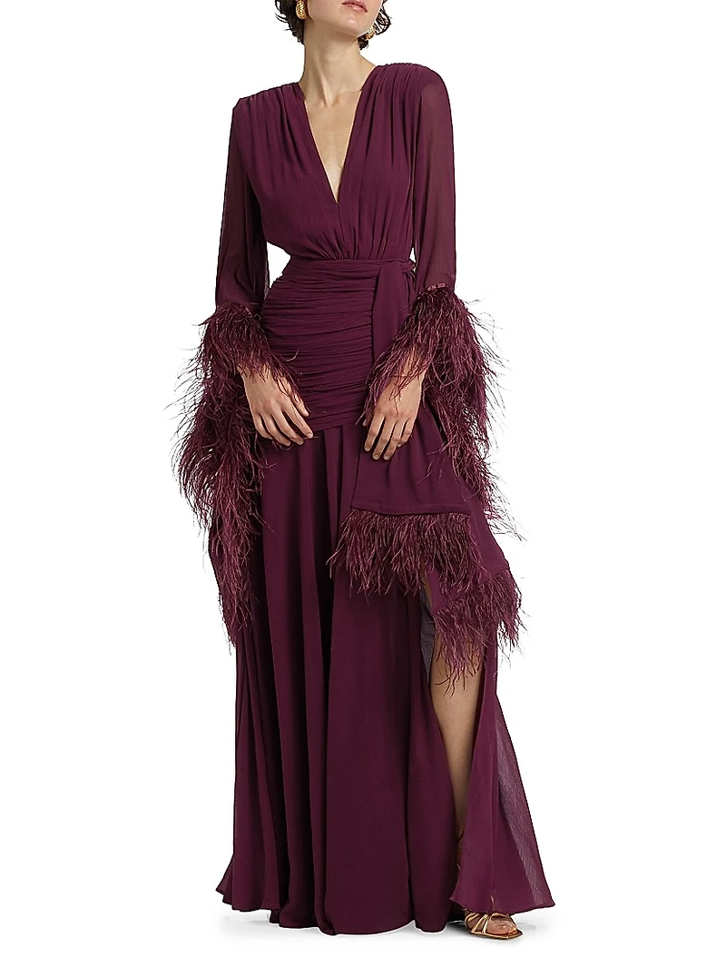 Geisha Feather-Cuff Silk-Blend Gown