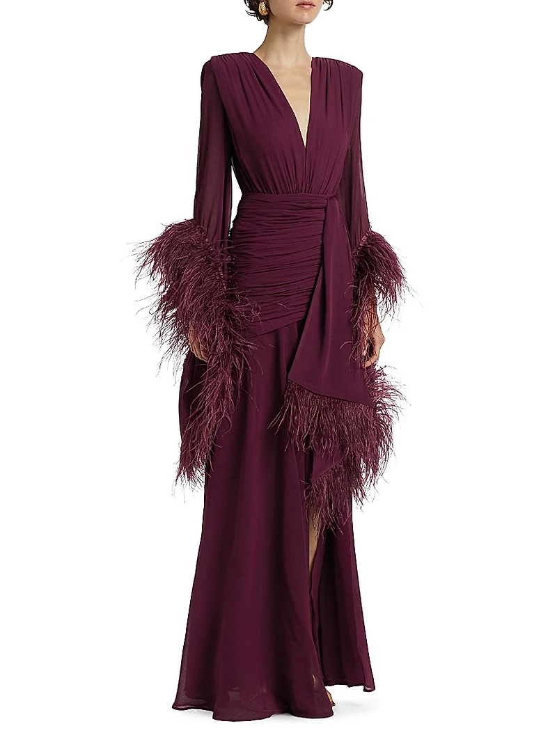 Geisha Feather-Cuff Silk-Blend Gown