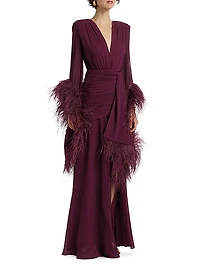 Geisha Feather-Cuff Silk-Blend Gown