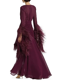 Geisha Feather-Cuff Silk-Blend Gown