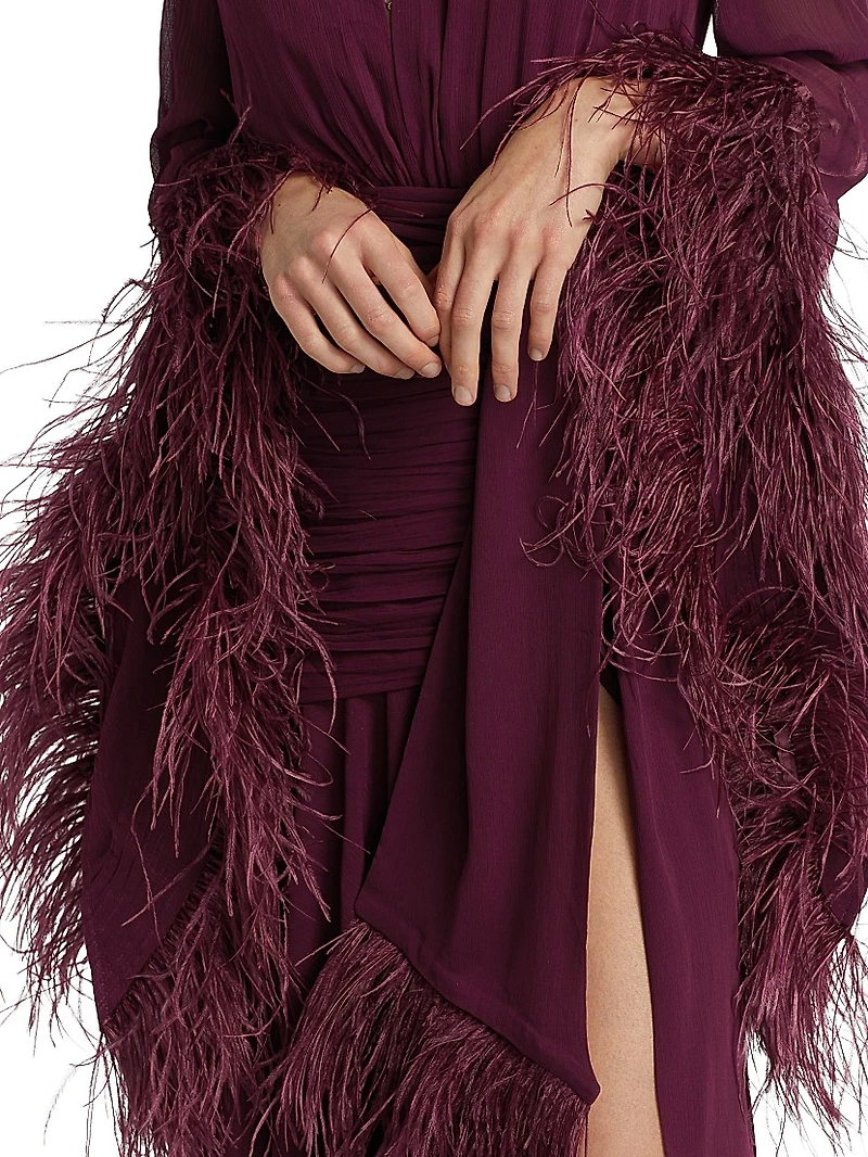 Geisha Feather-Cuff Silk-Blend Gown