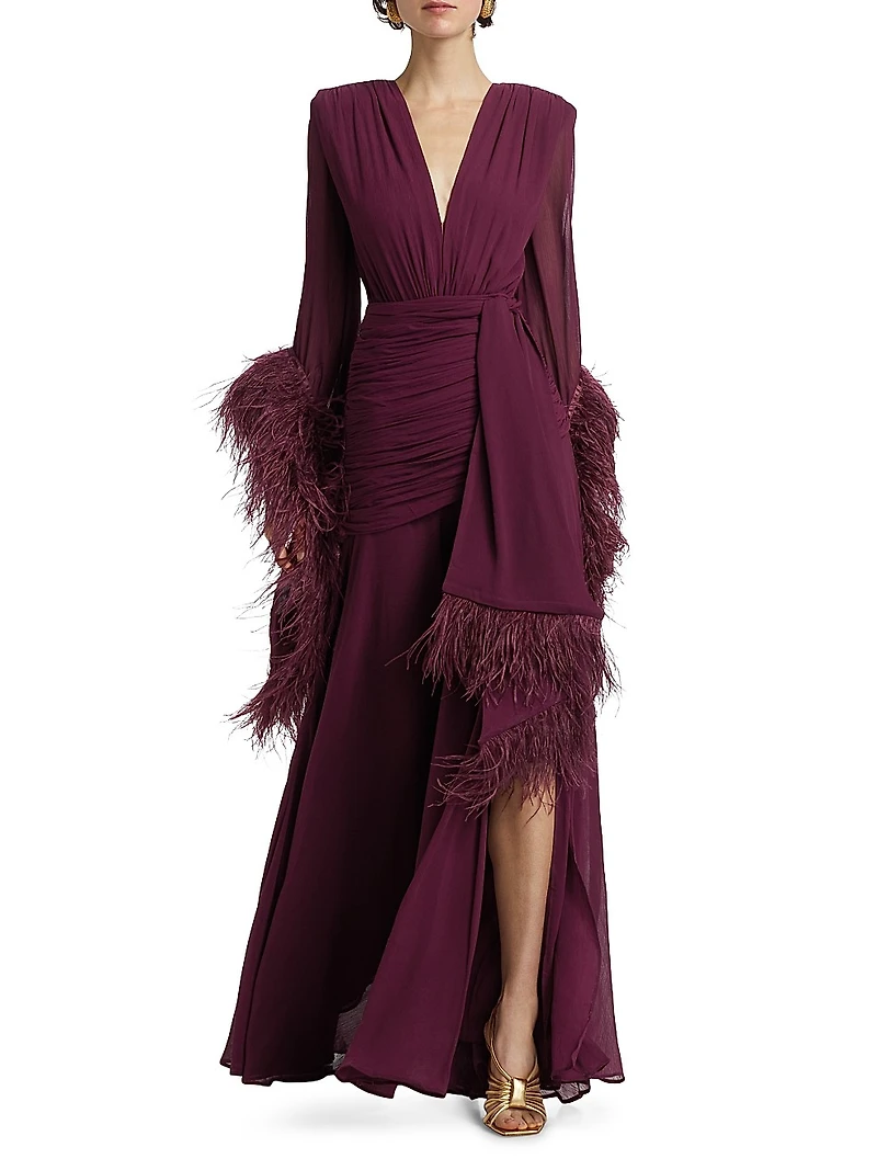 Geisha Feather-Cuff Silk-Blend Gown