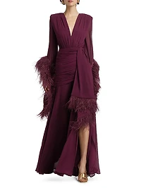 Geisha Feather-Cuff Silk-Blend Gown