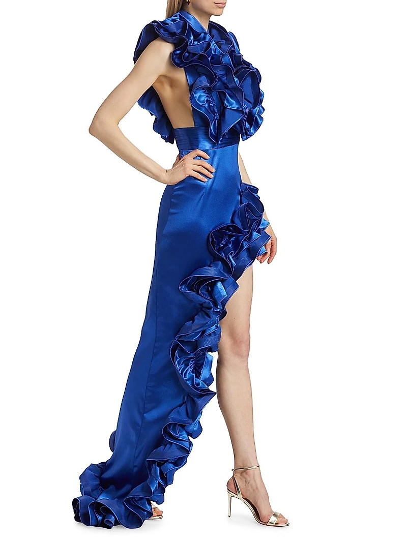 Aurora Ruffled Silk-Blend High-Low Gown