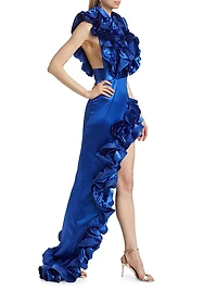 Aurora Ruffled Silk-Blend High-Low Gown