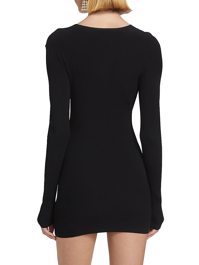 Faux-Pearl Long-Sleeve Ribbed Minidress