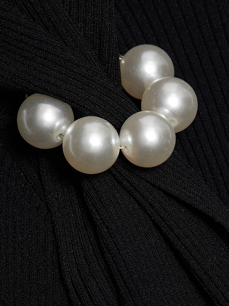 Faux-Pearl Long-Sleeve Ribbed Minidress