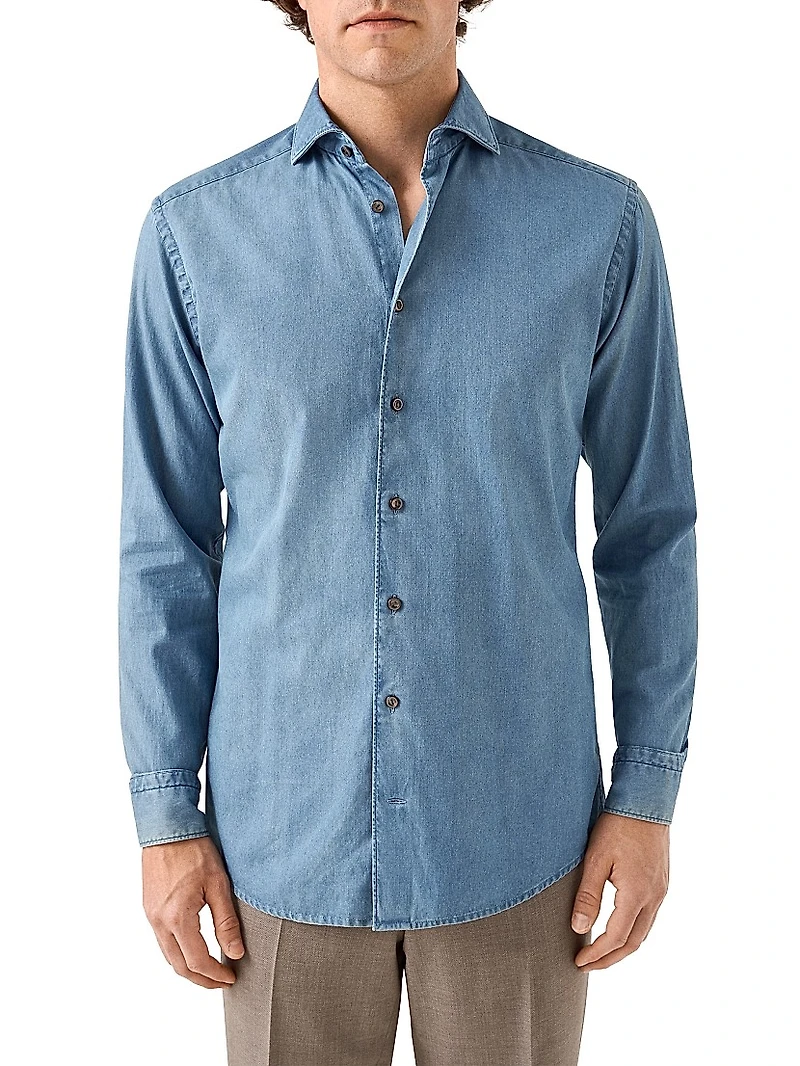 Slim-Fit Cotton-Cashmere Denim Button-Front Shirt