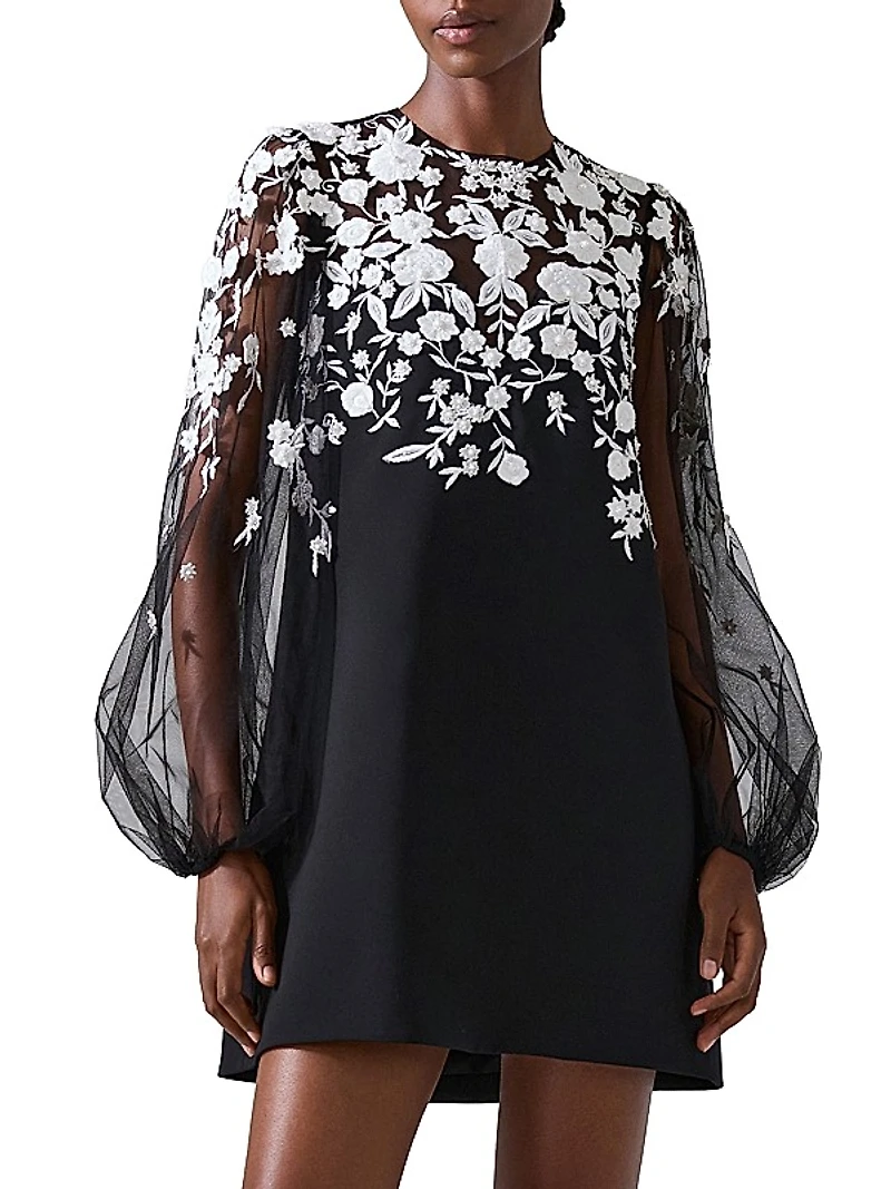 Embroidered Balloon-Sleeve Minidress