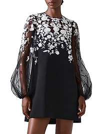 Embroidered Balloon-Sleeve Minidress