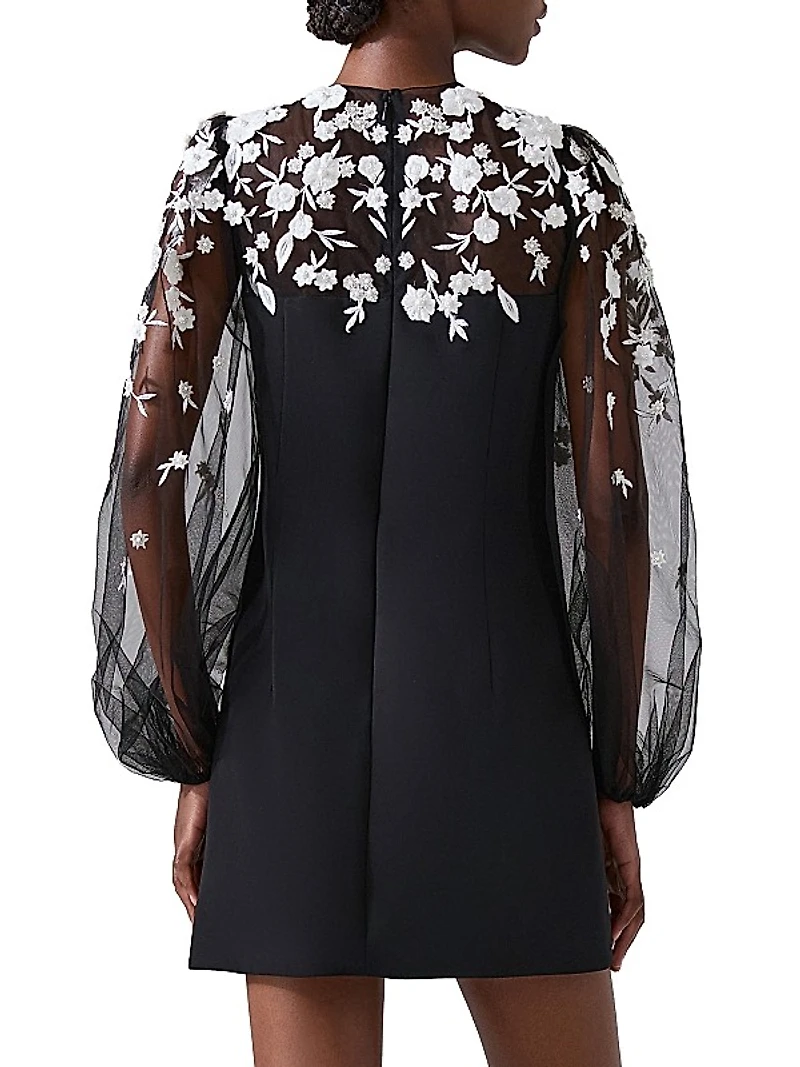 Embroidered Balloon-Sleeve Minidress