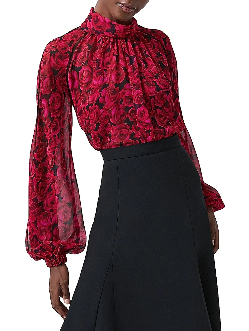 Rose Chiffon Balloon-Sleeve Blouse