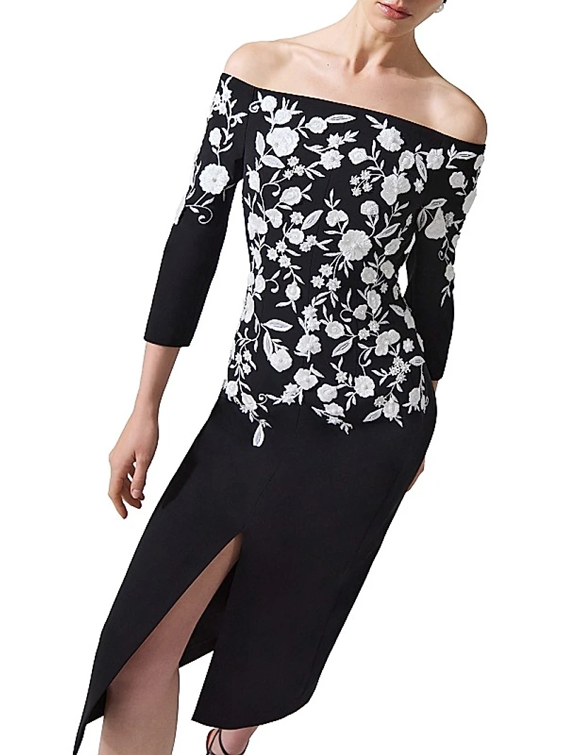Embroidered Off-The-Shoulder Midi-Dress