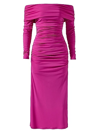 Ruched Off-The-Shoulder Midi-Dress