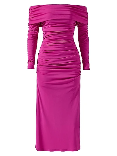 Ruched Off-The-Shoulder Midi-Dress