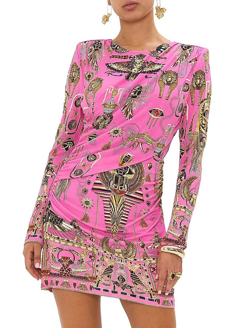 Printed Asymmetrical Draped Long-Sleeve Minidress
