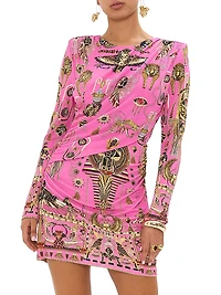 Printed Asymmetrical Draped Long-Sleeve Minidress