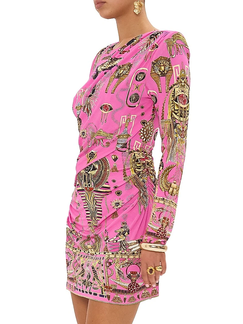 Printed Asymmetrical Draped Long-Sleeve Minidress