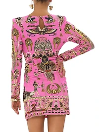 Printed Asymmetrical Draped Long-Sleeve Minidress