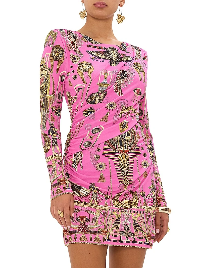 Printed Asymmetrical Draped Long-Sleeve Minidress