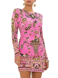 Printed Asymmetrical Draped Long-Sleeve Minidress