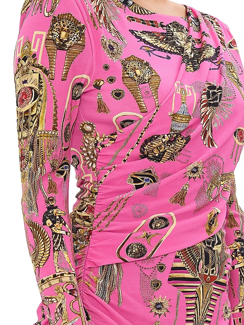 Printed Asymmetrical Draped Long-Sleeve Minidress