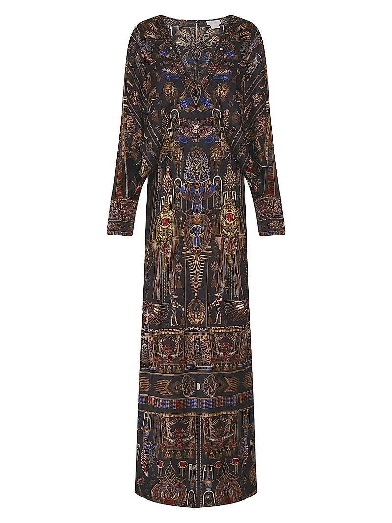 Egyptian-Print Silk V-Neck Maxi Dress