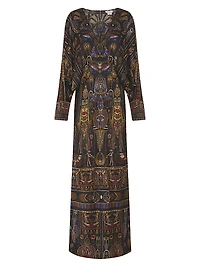 Egyptian-Print Silk V-Neck Maxi Dress