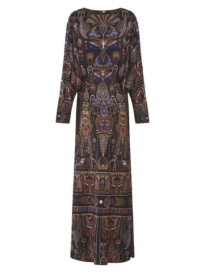 Egyptian-Print Silk V-Neck Maxi Dress