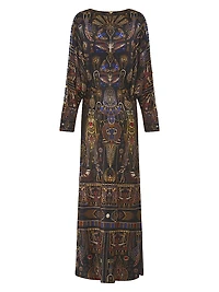 Egyptian-Print Silk V-Neck Maxi Dress