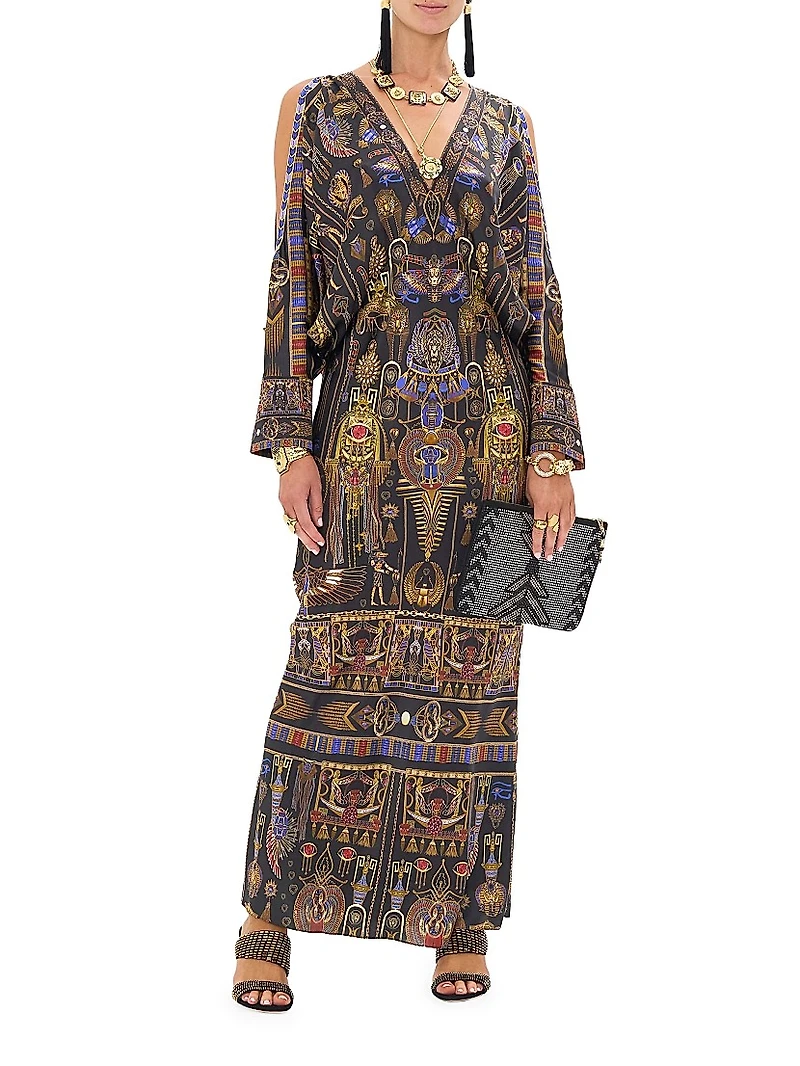 Egyptian-Print Silk V-Neck Maxi Dress