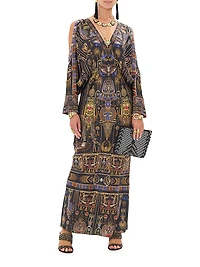 Egyptian-Print Silk V-Neck Maxi Dress