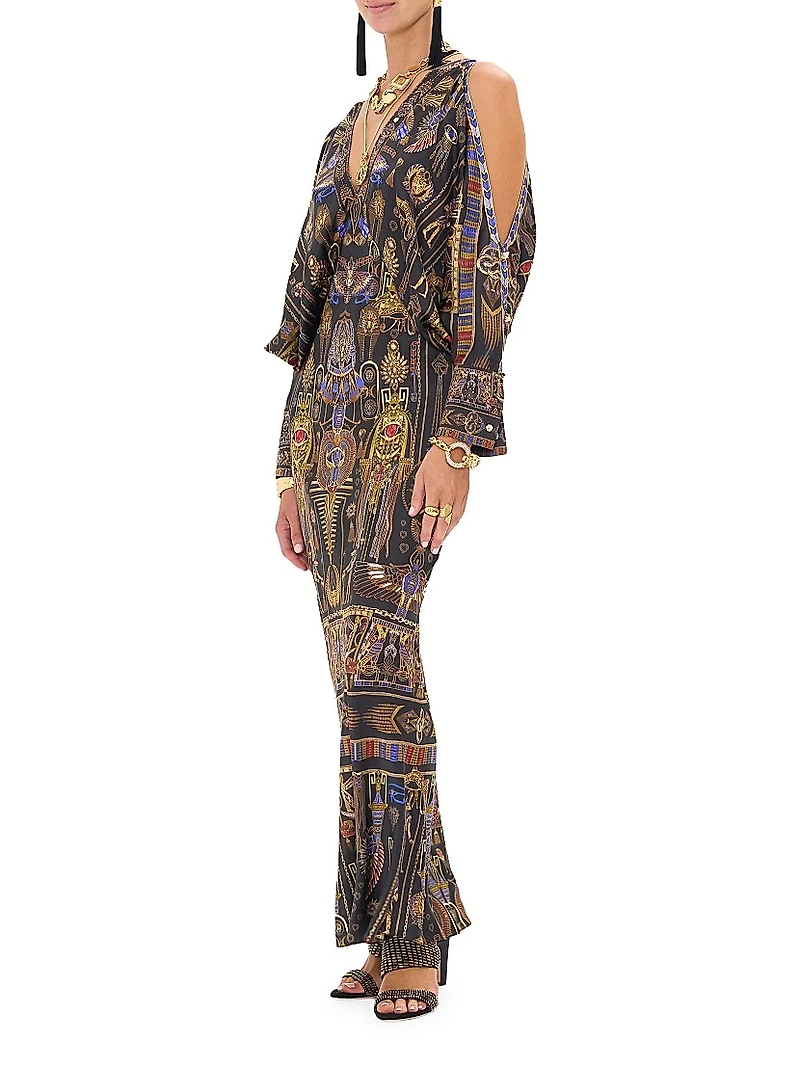Egyptian-Print Silk V-Neck Maxi Dress