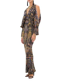 Egyptian-Print Silk V-Neck Maxi Dress