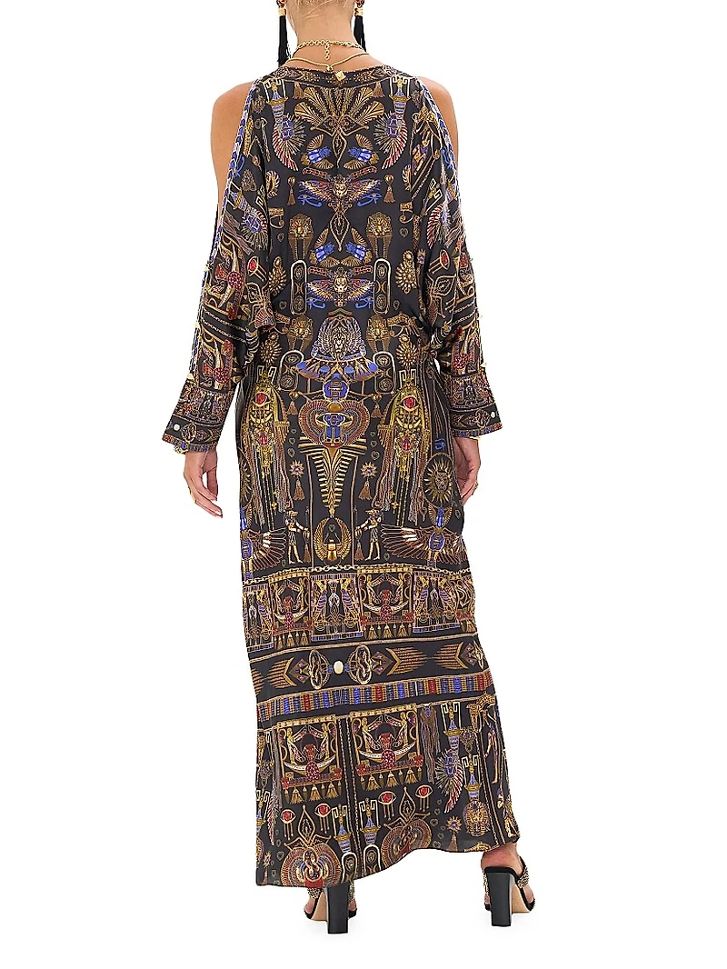 Egyptian-Print Silk V-Neck Maxi Dress