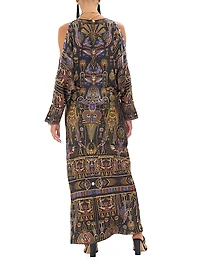 Egyptian-Print Silk V-Neck Maxi Dress