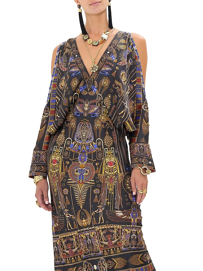 Egyptian-Print Silk V-Neck Maxi Dress