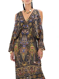 Egyptian-Print Silk V-Neck Maxi Dress