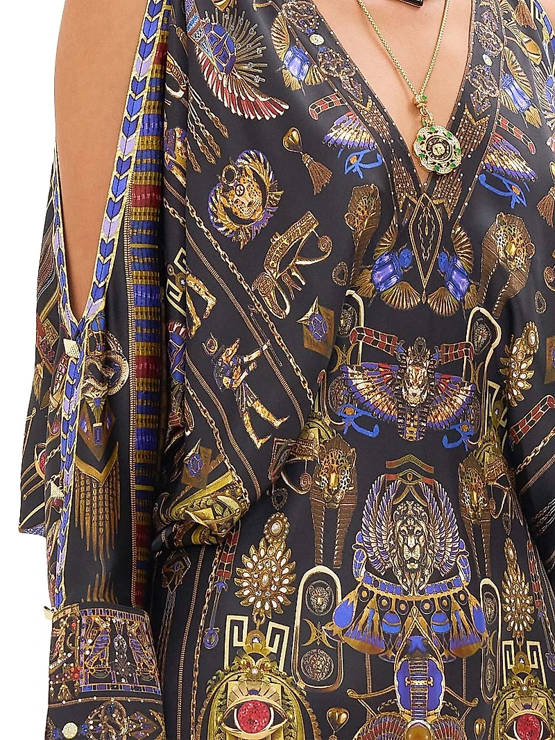 Egyptian-Print Silk V-Neck Maxi Dress