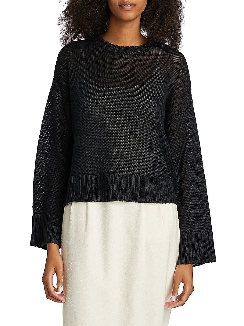 Cropped Linen Knit Crewneck Sweater