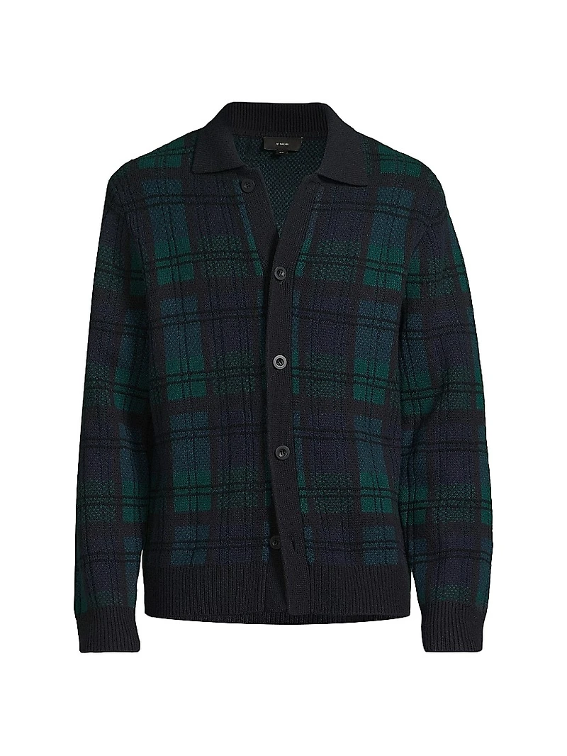 Plaid Wool-Cashmere Collar Cardigan