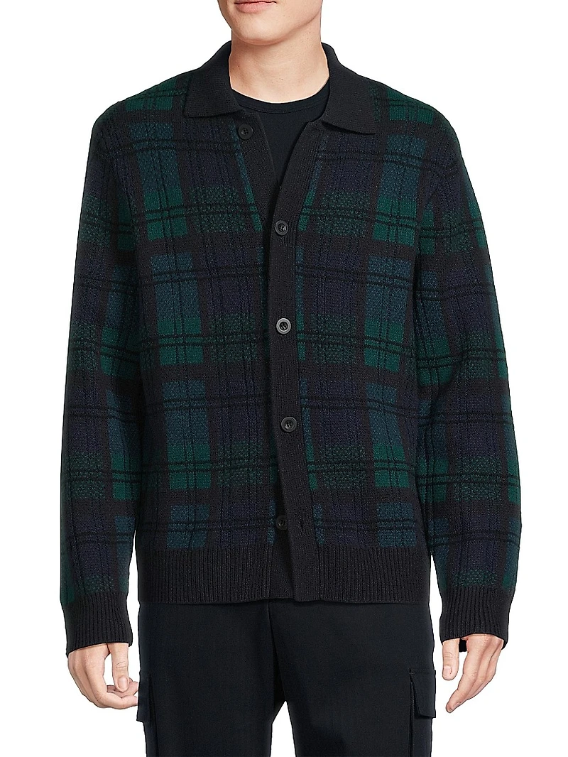 Plaid Wool-Cashmere Collar Cardigan