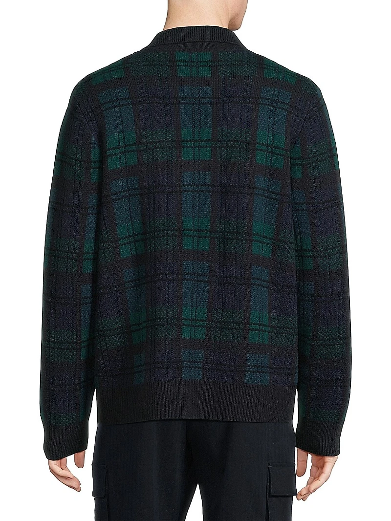 Plaid Wool-Cashmere Collar Cardigan