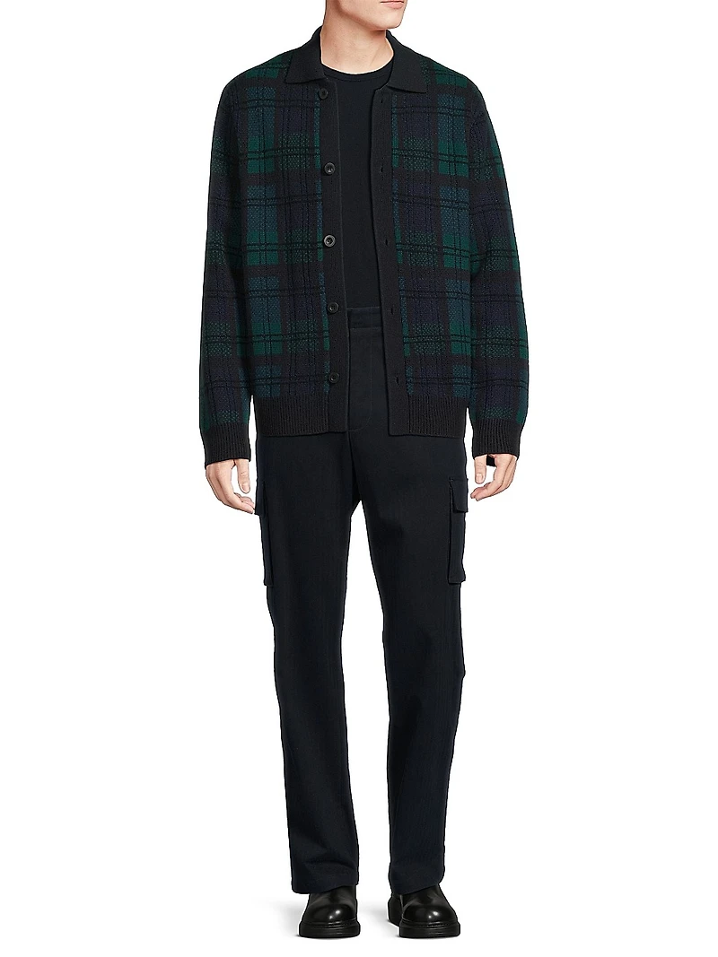 Plaid Wool-Cashmere Collar Cardigan