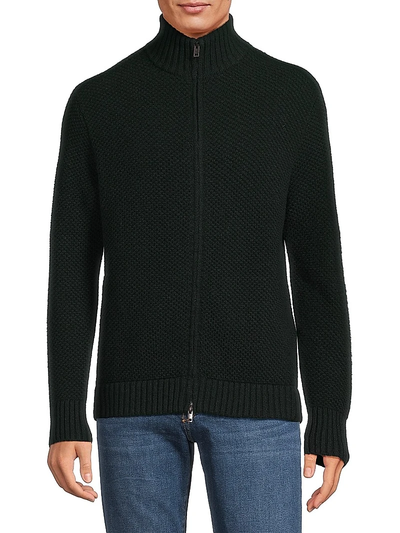 Wool Piqué Zip-Front Cardigan