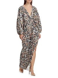 Leopard Pleated V-Neck Gown