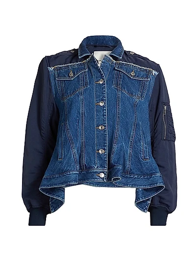 Combo Denim Flounce-Hem Jacket
