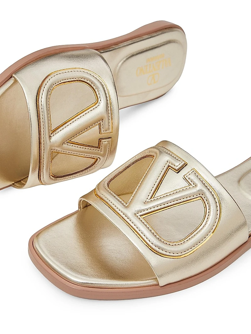 VLogo Cut-Out Laminated Nappa Leather Slide Sandals