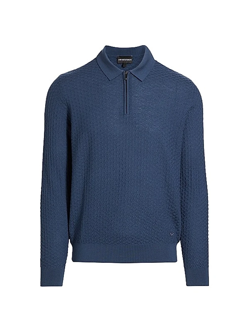 Textured Wool Knit Half-Zip Polo Sweater