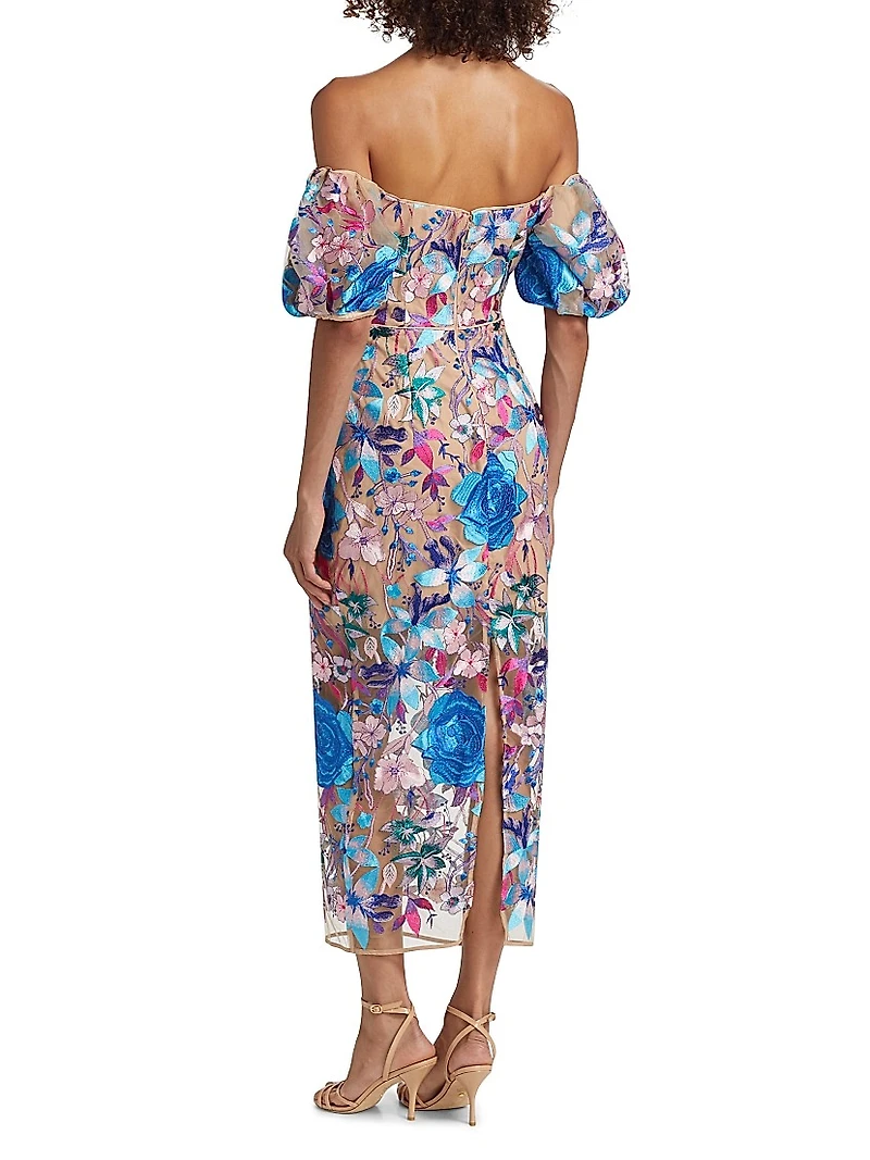 Nira Floral Embroidered Off-the-Shoulder Midi-Dress